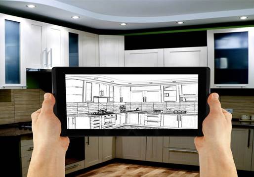 Hands holding a tablet with a drawing of a kitchen

Description automatically generated