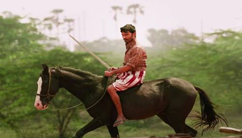 Dhanush on black horse and with sword in Karnan still