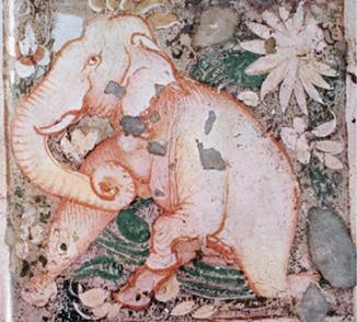 White Elephant and lotus flowers. A panel from the ceiling of one of the chambers in cave 1 at Ajanta, 5th century CE. (Image: Behl, 1998, 183.)