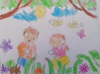 A child's drawing of a child and child

Description automatically generated