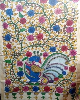A colorful fabric with a peacock and flowers

Description automatically generated